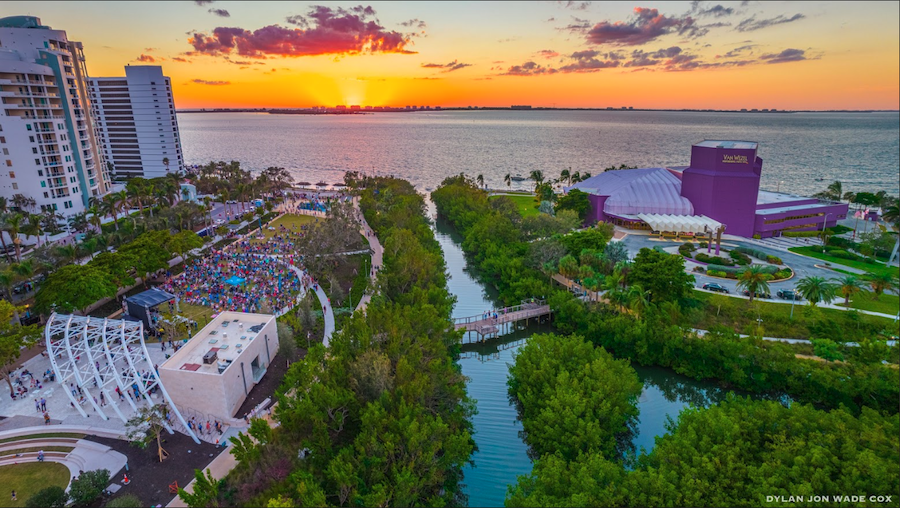the bay park at sunset drone shot