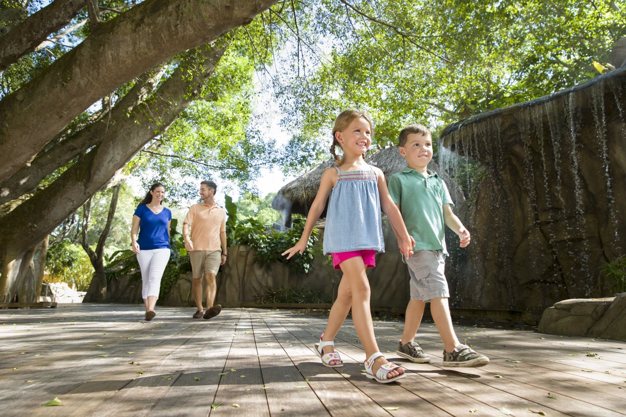 family walking under trees of children's rainforest at selby