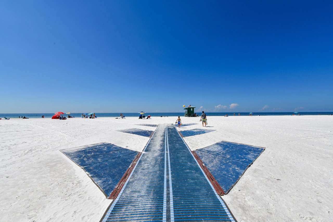 child and dad walking onto siesta beach florida
