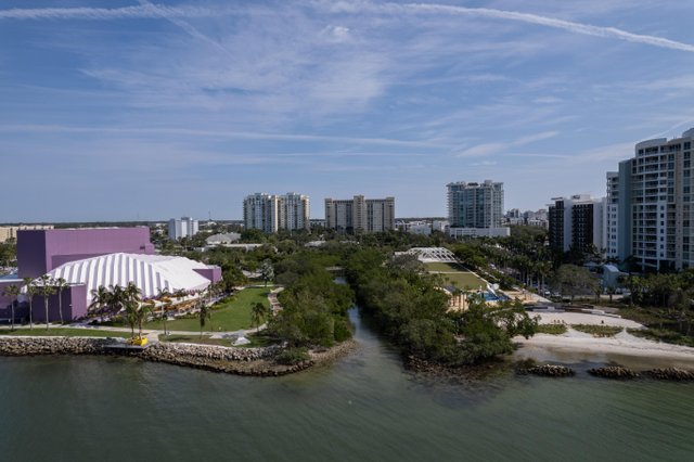 aerial of bay sarasota and performing theater